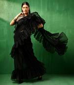 Adaa black organza ruffle saree