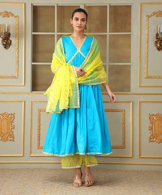 Saadgi blue mirror work anarkali set 1