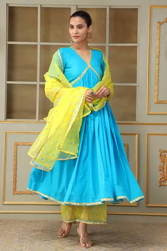 Saadgi blue mirror work anarkali set