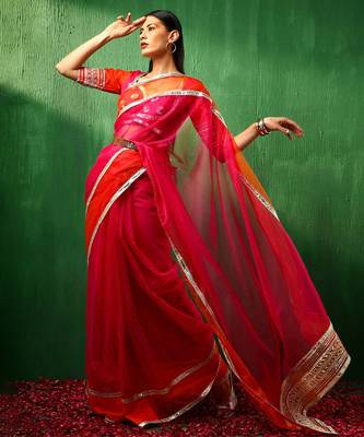Adaa orange pink double shade organza saree 1
