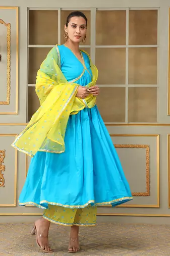 Saadgi blue mirror work anarkali set