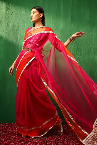 Adaa orange pink double shade organza saree