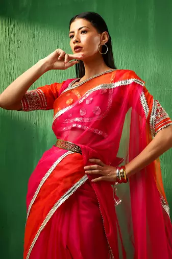 Adaa orange pink double shade organza saree