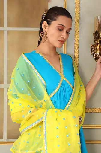 Saadgi blue mirror work anarkali set
