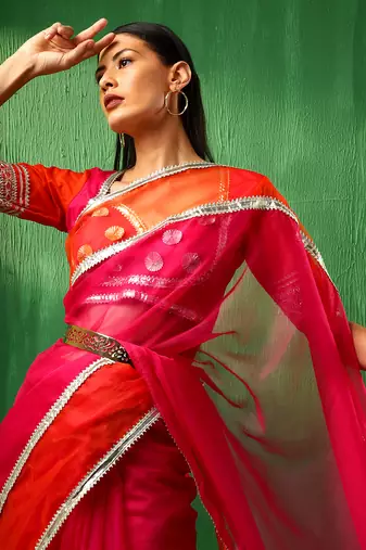 Adaa orange pink double shade organza saree