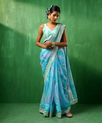 Adaa blue marble print organza saree 1