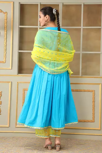 Saadgi blue mirror work anarkali set