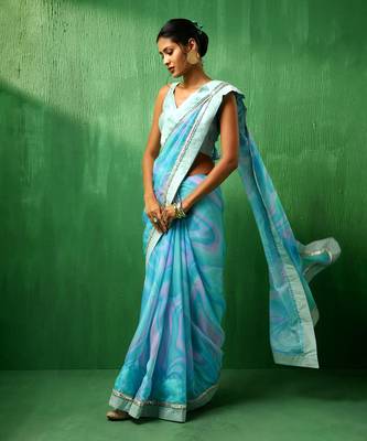 Adaa blue marble print organza saree 2