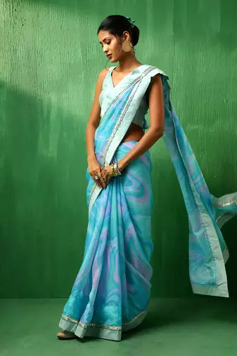 Adaa blue marble print organza saree