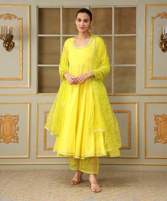 Saadgi yellow mirror work anarkali set 1