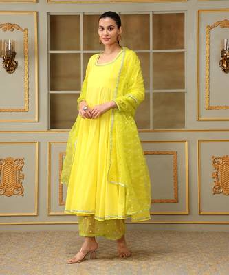 Saadgi yellow mirror work anarkali set 2