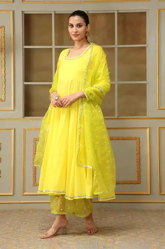 Saadgi yellow mirror work anarkali set