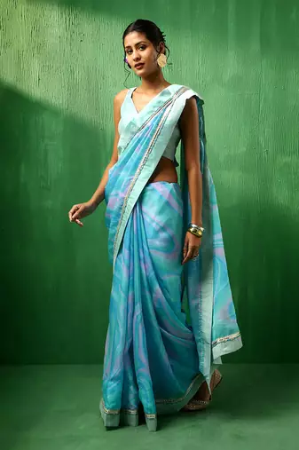 Adaa blue marble print organza saree