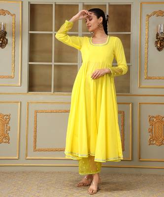 Saadgi yellow mirror work anarkali set 3