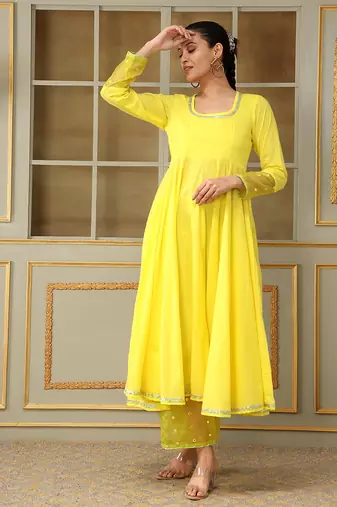 Saadgi yellow mirror work anarkali set