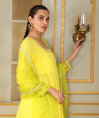 Saadgi yellow mirror work anarkali set 4
