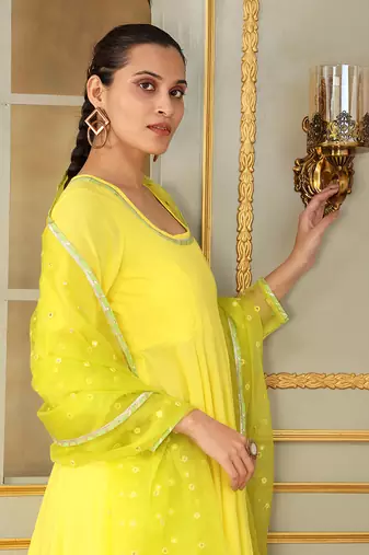 Saadgi yellow mirror work anarkali set