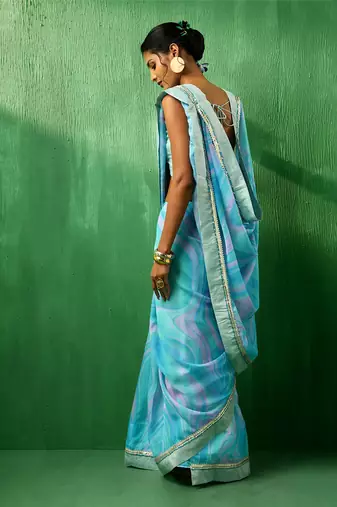 Adaa blue marble print organza saree