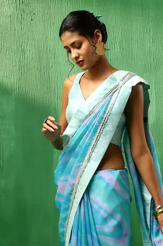 Adaa blue marble print organza saree