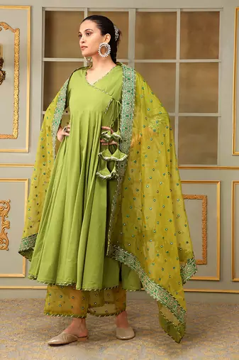 Saadgi mehendi green mirror work angrakha set