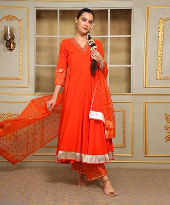 Saadgi orange mirror work anarkali set 1