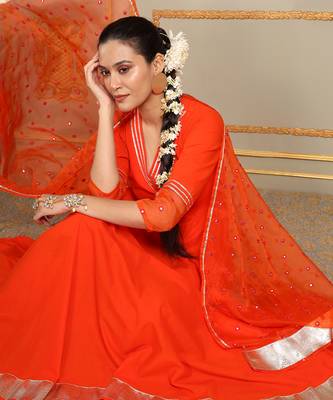 Saadgi orange mirror work anarkali set 4