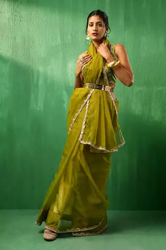 Adaa mehendi green organza saree
