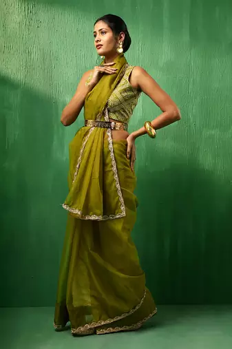 Adaa mehendi green organza saree