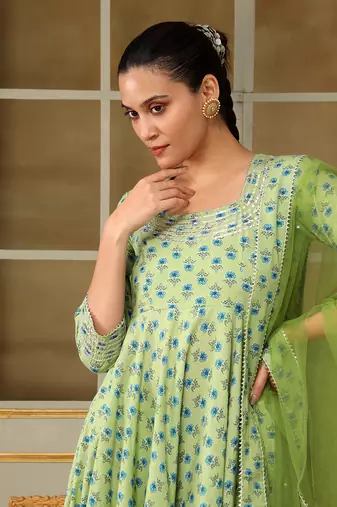 Saadgi blue paisley green anarkali set