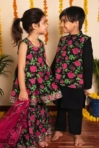 Bachpan gulmohar hand block kurta jacket set