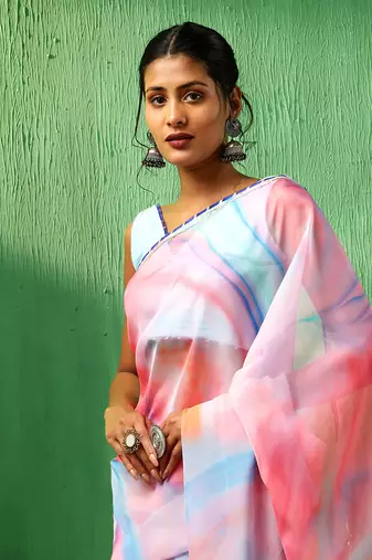 Adaa pink marble print organza saree