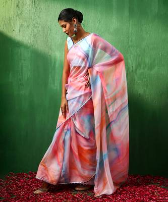 Adaa pink marble print organza saree 4