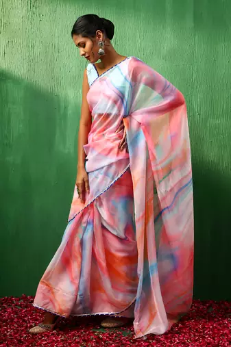 Adaa pink marble print organza saree