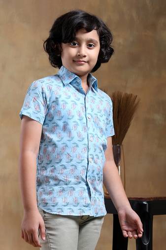 Bachpan vistaar blue cotton hand block shirt