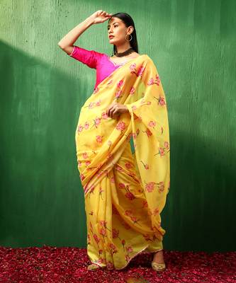 Adaa pink lotus yellow organza saree 1
