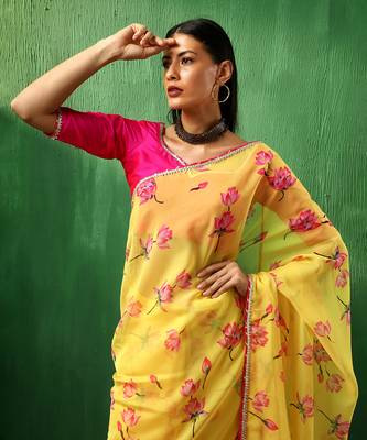 Adaa pink lotus yellow organza saree 2