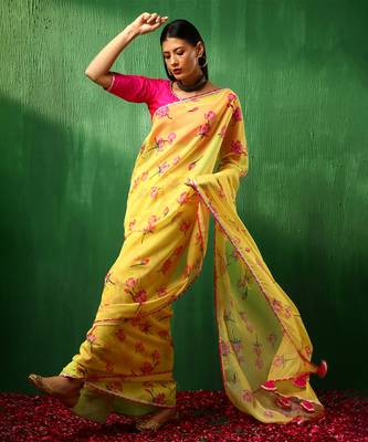 Adaa pink lotus yellow organza saree 3