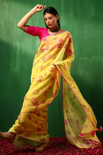 Adaa pink lotus yellow organza saree