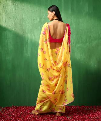 Adaa pink lotus yellow organza saree 4