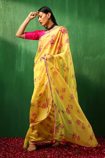 Adaa pink lotus yellow organza saree