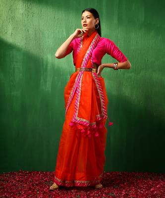 Adaa pink border orange organza saree 1