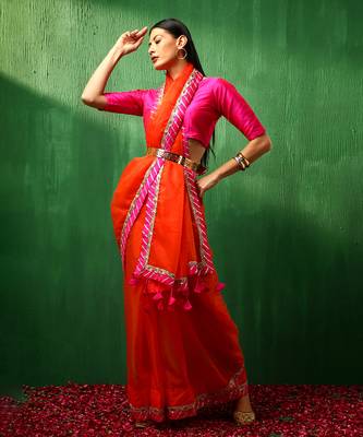 Adaa pink border orange organza saree 2