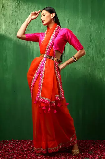 Adaa pink border orange organza saree