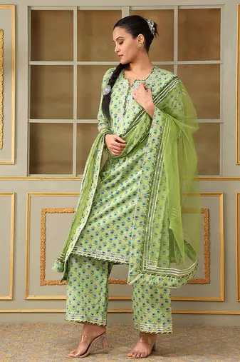 Saadgi blue paisley green straight suit set