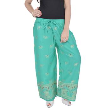 Rama Green Jaipuri Gold Print Cotton Palazzo 1