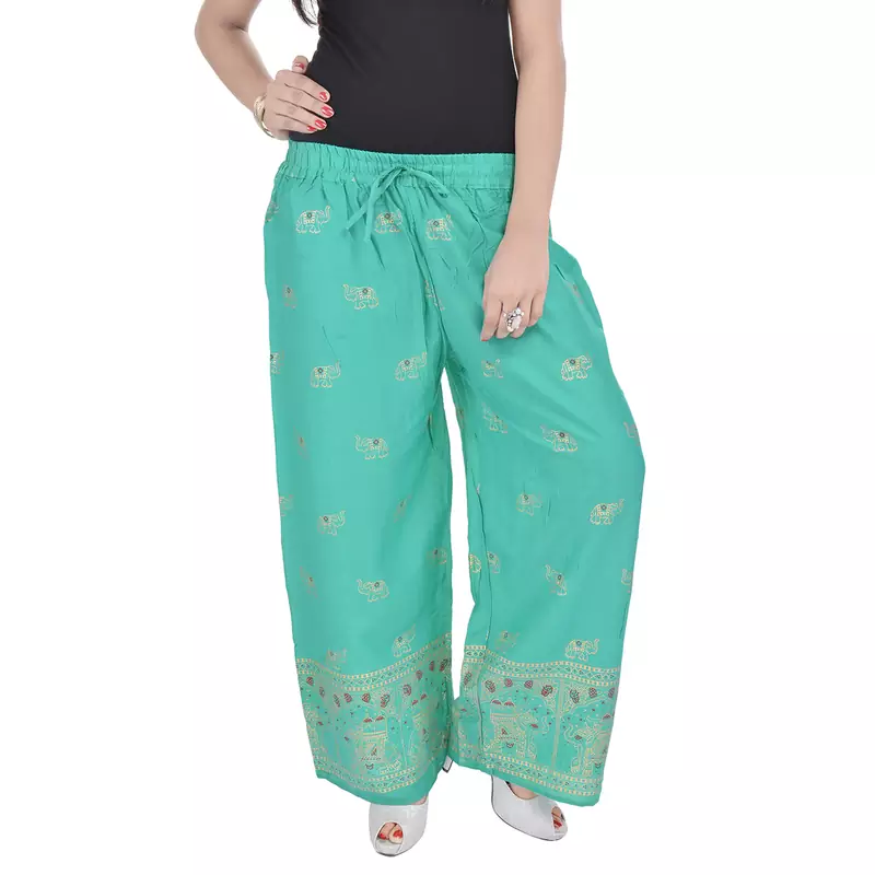 Rama Green Jaipuri Gold Print Cotton Palazzo