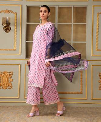 Saadgi blue paisley pink straight suit set 1