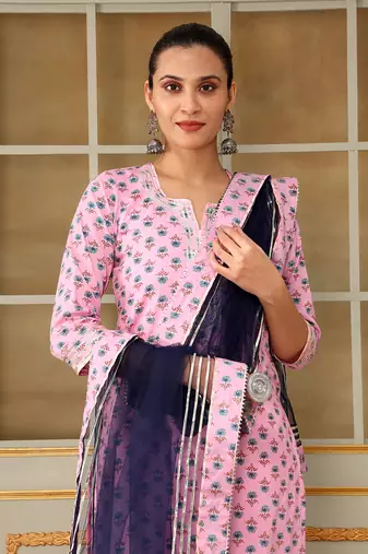 Saadgi blue paisley pink straight suit set