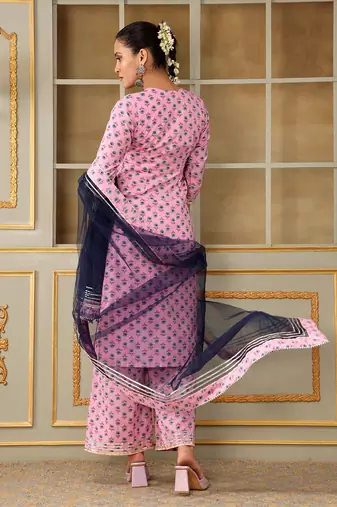 Saadgi blue paisley pink straight suit set