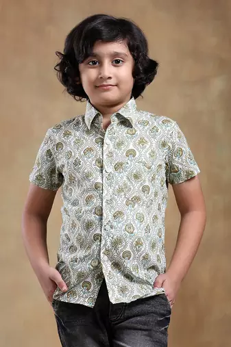 Bachpan mehendi green paisley cotton hand block shirt